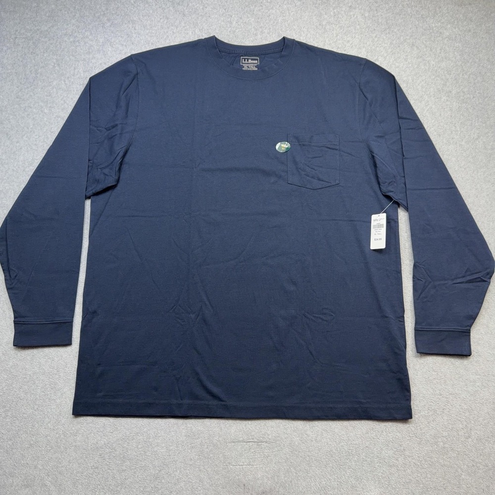LL Bean Shirt Mens XLT Navy Blue Carefree Unshrinkable Pocket Tee Casual Outdoor